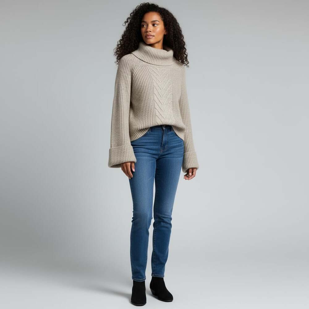 Forever 21 Cropped Knit Sweater Womens Medium Beige Ribbed Turtleneck